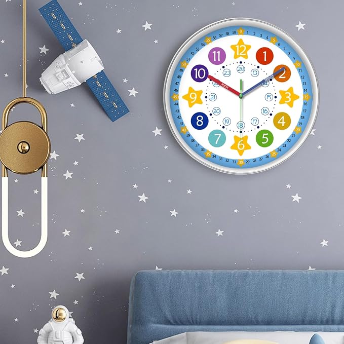 XFM Blue Kids Wall Clock 8 Inch Silent Space Theme - Image 2