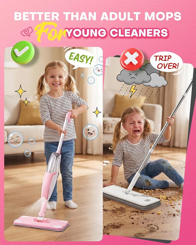 Pink Mini Spray Mop for Toddler-Girls Montessori Cleaning Toy that Real Spray Water,Pretend Playhouse Essentials for Girls Ages 3-8,Toddler Educational Housekeeping Set - Image 2