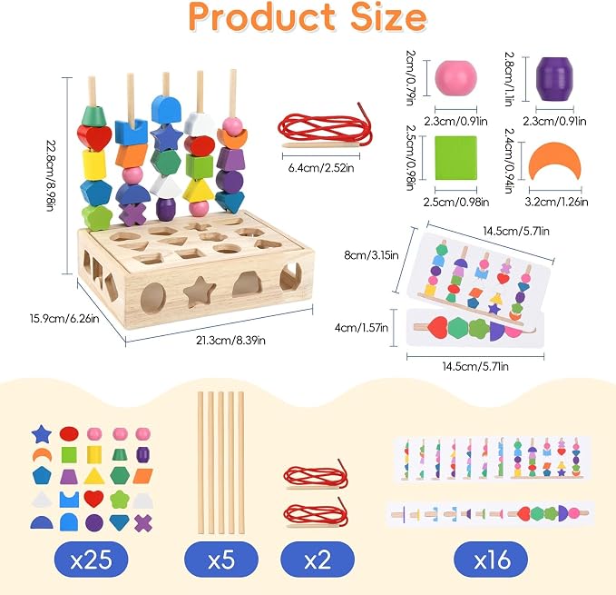Sewulidon 3 in 1 Wooden Color Sorting Stacking Toys, Montessori Toys Geometric Shape Sorter Matching Lacing Beads Sequencing Toy Set Preschool Learning Fine Motor Skills for Toddlers 3 4 5 Years - Image 6