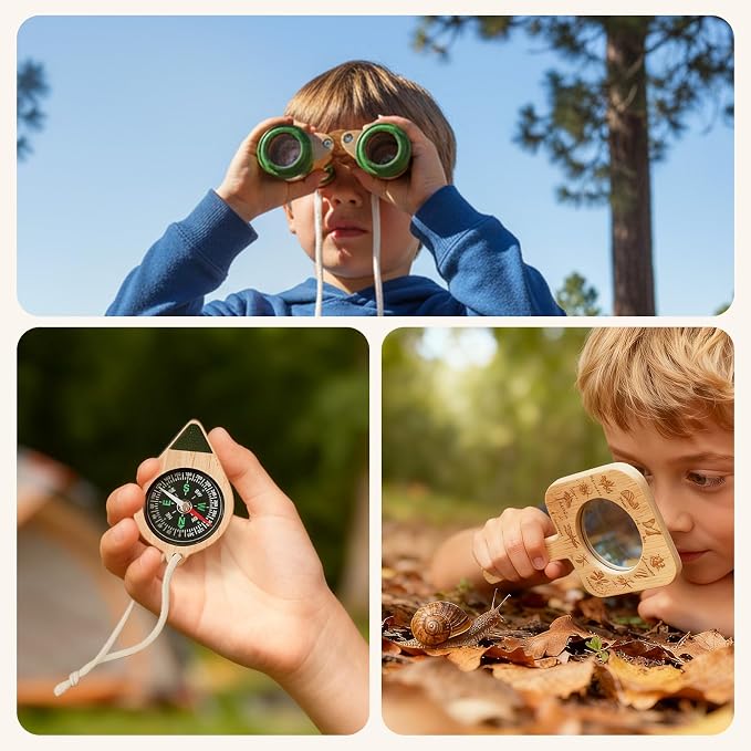 Kids Outdoor Explorer Kit Ages 4–8, Wooden Binoculars, Compass and Knot-Tying Board, Nature STEM Learning & Camping Toy Birthday Gift for Boys and Girls - Image 6