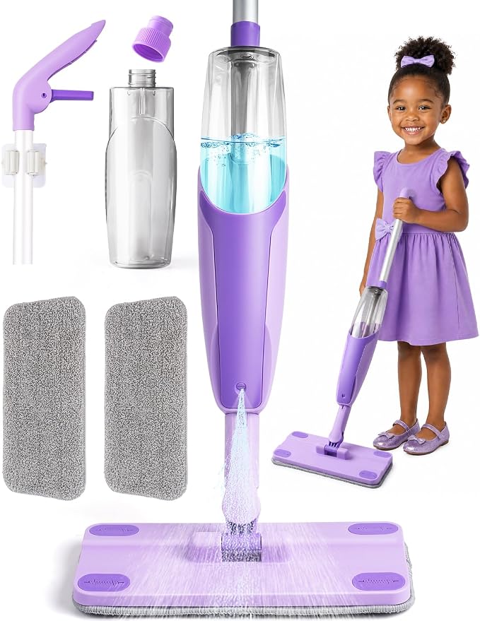 Purple Mini Spray Mop for Toddler-Montessori Cleaning Toy that Real Spray Water,Pretend Playhouse Essentials for Girls Ages 3-8,Toddler Educational Housekeeping Set by Yeeammk