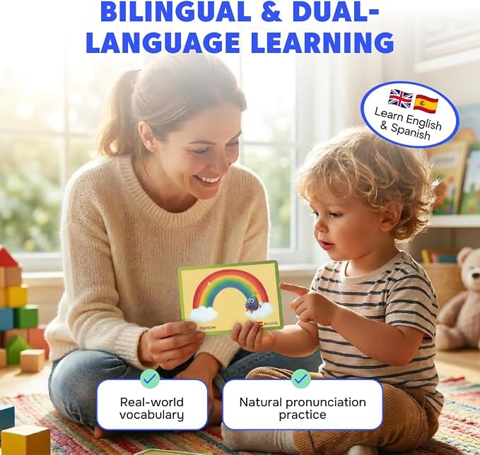 Kidrox 100 First Words Flash Cards for Toddlers, English with Spanish Learning Cards, Preschool Vocabulary & Speech Development Toy with Peek-a-Boo Sleeve for Memory Enhancement & Pattern Recognition - Image 5