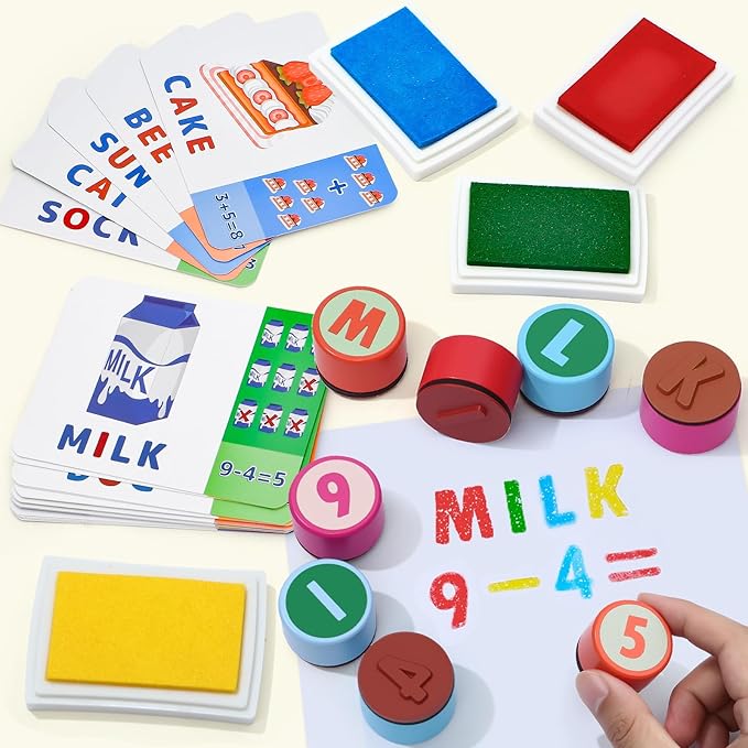 Toyssa Wooden Alphabet Number Stamp for Kids, ABC Spelling Learning Toys with Letter Stampers & 4 Ink Pads & Flashcards, Mathematics Preschool Educational Toys Gift for Kids Aged 3 4 5 Boys Girls