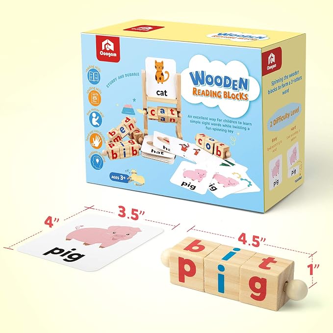 Coogam Wooden Reading Blocks Short Vowel Rods Spelling Games, Flash Cards Turning Rotating Letter Puzzle for Kids, Site Words Montessori Spinning Alphabet Learning Toy for Preschool Boys Girls - Image 7