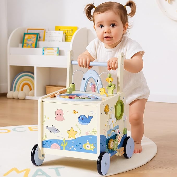 ROBOTIME Wooden Baby Walking Toy, Montessori Baby Walker Push Toy with Adjustable Height & Speed, Activity Center Baby Push Toy with Music, Fishing Game & Storage for Toddler 10M+ (Ocean World Theme)