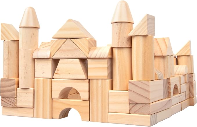 Wooden Blocks Set - 100 Pc Natural Colored Wood Building Block Toys- 100% Real Wood, 14 Different Shapes, Great Gift for Kids or School Project, Hands On Indoor Activity Play- Build, Stack and Create - Image 4