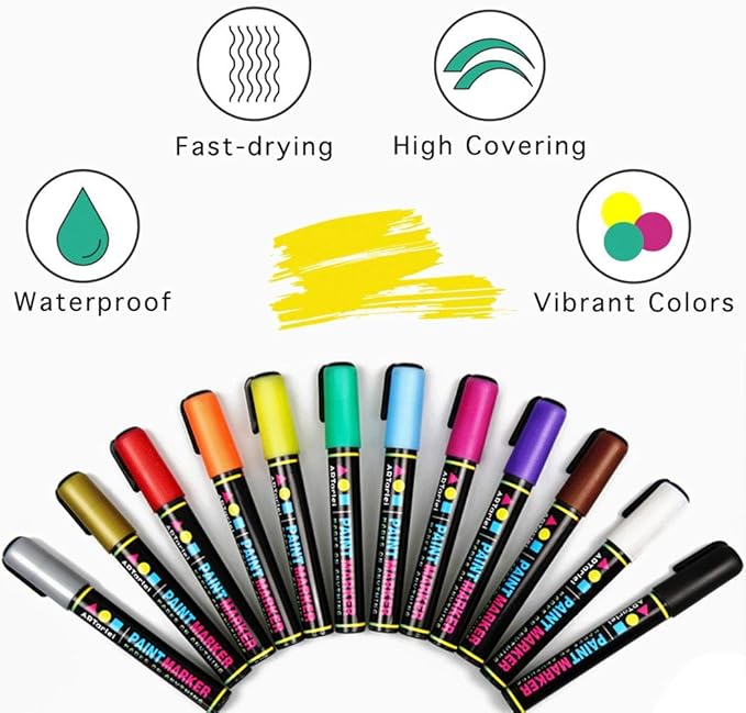 Permanent Markers for Rock Painting, 12 Colors, Medium Point, Quick-Drying, Waterproof, Fade-Resistant, Non-Toxic (A501-2018)