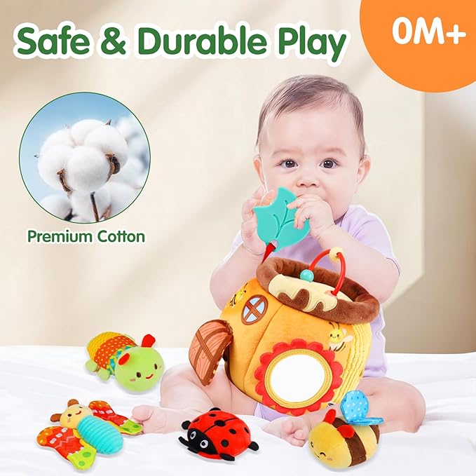 Baby Toys 6-12 Months - Soft Beehive with 5 Sensory Stuffed Animals, Rattle, Crinkle & Mirror, Montessori Toys for 6 7 8 9 10 Month Old Baby Boy Girl Shower Gifts Christmas Stocking Stuffers Ages 0-2