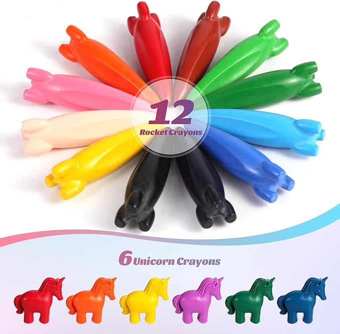 DreamCandy Rocket and Unicorn Crayons,18PCS Non Toxic Washable Toddler Crayons for Kids and Toddlers,Art Supplies Drawing Coloring Crayon Set,Gift for Girls and Boys,Back to School