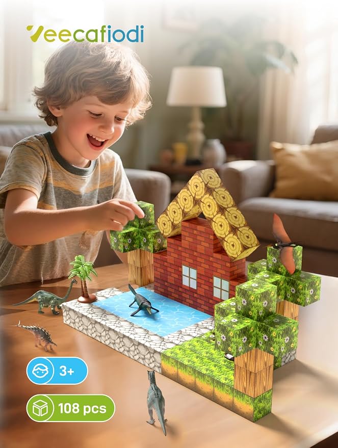 Veecafiodi Magnetic Blocks 108PCS, Dinosaur Magnetic Building Blocks with 6 Dinosaur Figures, Magnetic Blocks for Kids Ages 3-5, 4-8, STEM Construction Toy - Image 5