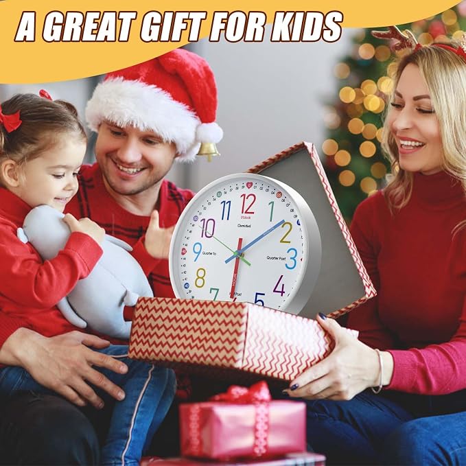 Learning Clock for Kids,10'' Silent Non-Ticking Teaching to Tell Time Colorful Wall Clocks for Children's Room Bedroom Classroom Home Decor, Gifts for Christmas Birthday (White) - Image 7