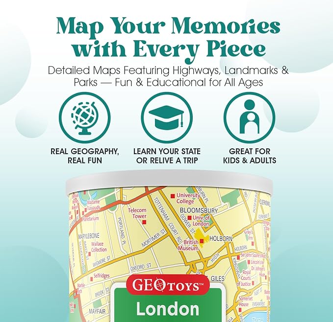 Geotoys London Mini Puzzle - 100 Piece Puzzles for Kids and Adults in Portable Can, 13" x 10" Educational Travel Puzzle for Ages 7 and Up - Mini Puzzles to Learn & Explore Geography - Image 4