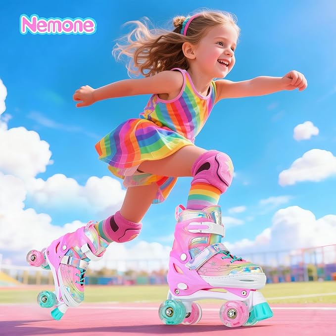 NEMONE Mermaid 4 Size Adjustable Light up Roller Skates for Girls, Purple Blue Skates for Toddlers, Beginner Kids Butterfly Roller Skates Indoor Outdoor