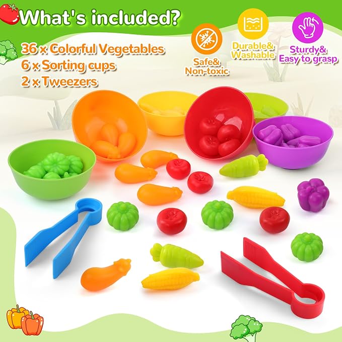 USATDD Counting Vegetables Color Sorting Matching Games with Bowls Preschool Learning Activities Sensory Toys Montessori Toys Birthday for Toddlers Kids Boys Girls Aged 3 4 5 - Image 3