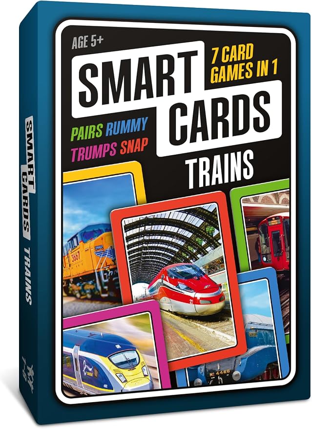 SMART CARDS Trains Card Game. 50 Cards, 7 Games; Pairs, Snap, Trumps, Rummy, Train Trivia Facts Quiz. Top Travel Games, Gift, Stocking Stuffer, Age 5+, 1-8 Players by PoptacularGames