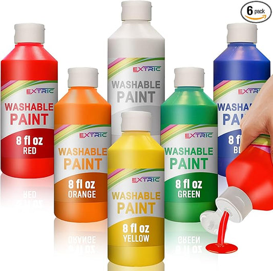 EXTRIC Washable Tempera Paint for Kids - 6 Bold Colors x 8 oz Bottles (48 fl oz Total) Non-Toxic Easy Clean Kid Paint Rich Pigment Paints for Toddlers, Classroom & Arts and Crafts