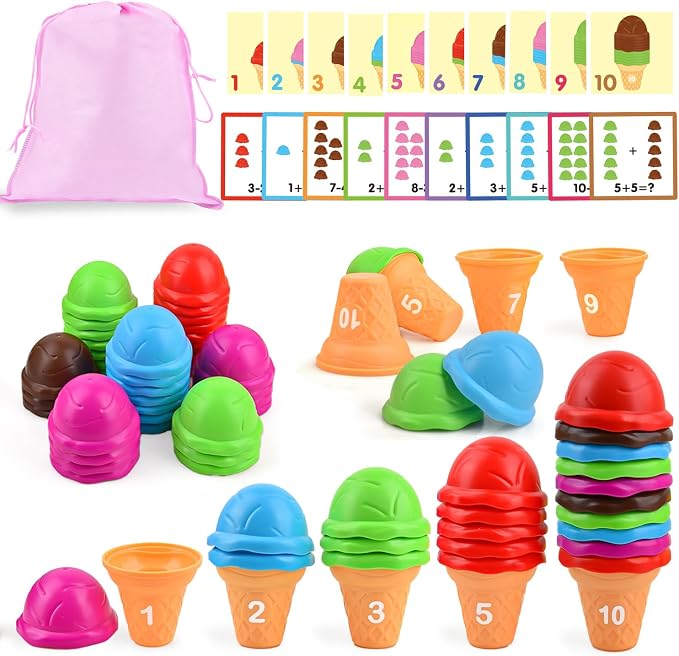 Ice Cream Counting and Color Sorting Stacking Toys for Kids Boys Girls Age 3-5,Montessori Preschool Kindergarten Learning Activities Fine Motor Skill Toys, Number Math Games Learning Toy Gifts by Sotodik