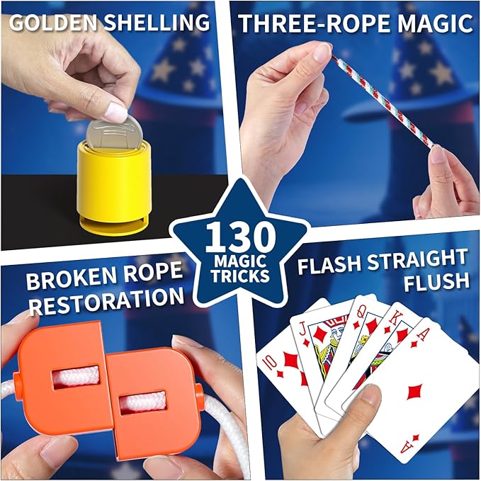 Magic Kit for Kids 6-8-10-12, 130 Magic Tricks Set for Kids with Magician Costume and Magic Wand, Board Game Christmas Birthday Gifts Toys Magic Set for Ages 6 7 8 9 10 11 12 Years Old Boys Girls