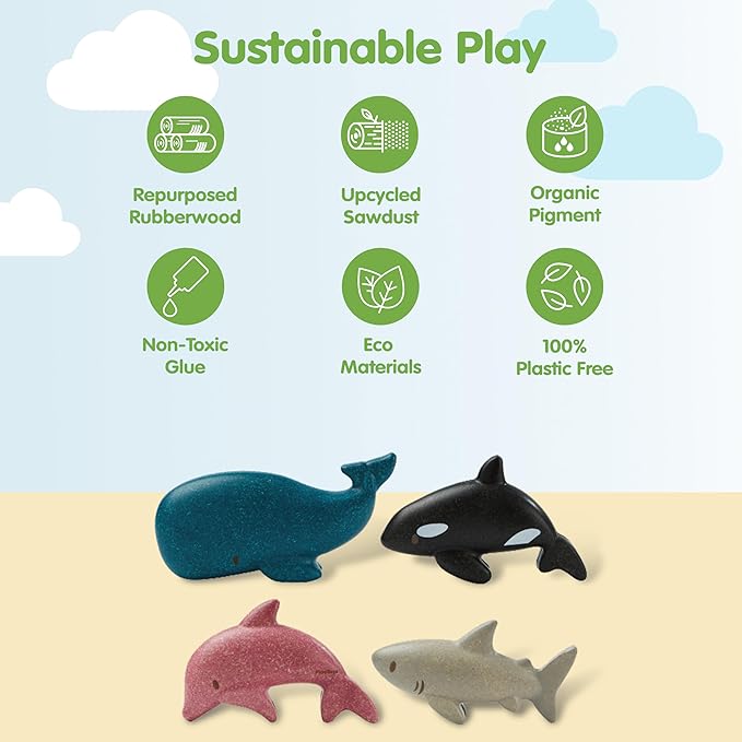 PlanToys Wooden 4 Animal Sea Life Ocean Animal Playset (6129) | Sustainably Made from Rubberwood and Non-Toxic Paints and Dyes | Eco-Friendly PlanWood
