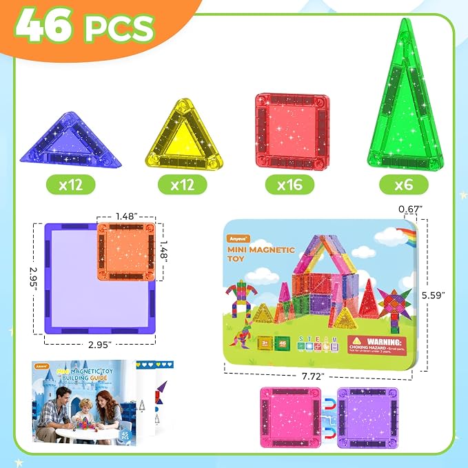 46PCS Glitter Mini Magnetic Tiles Travel Set with Storage Case - Image 7