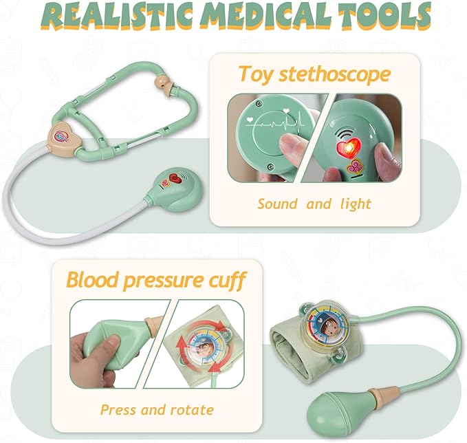 Liberry Doctor Kit for Toddlers 3-5 Years Old, 18-Piece Doctor Bag Pretend Play Toys, Durable Medical Kit with Toy Stethoscope, Green Birthday Gift for Kids