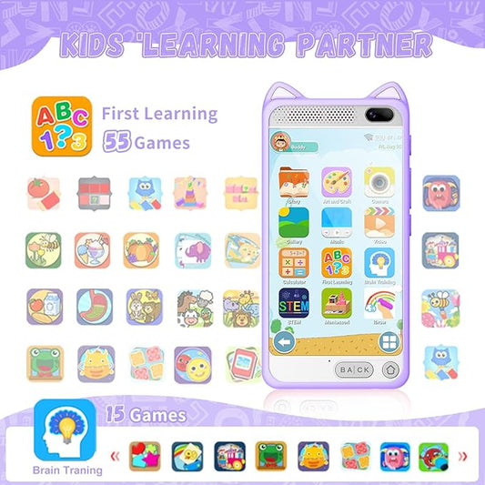 Toys Kids Smartphone, 3.97" Screen Dual Camera Kids Toys Phone with Music Player, 2000mA Toddler Toy Learning Phone with Games, Front Camera, Pretend Play Smartphone（Purple）