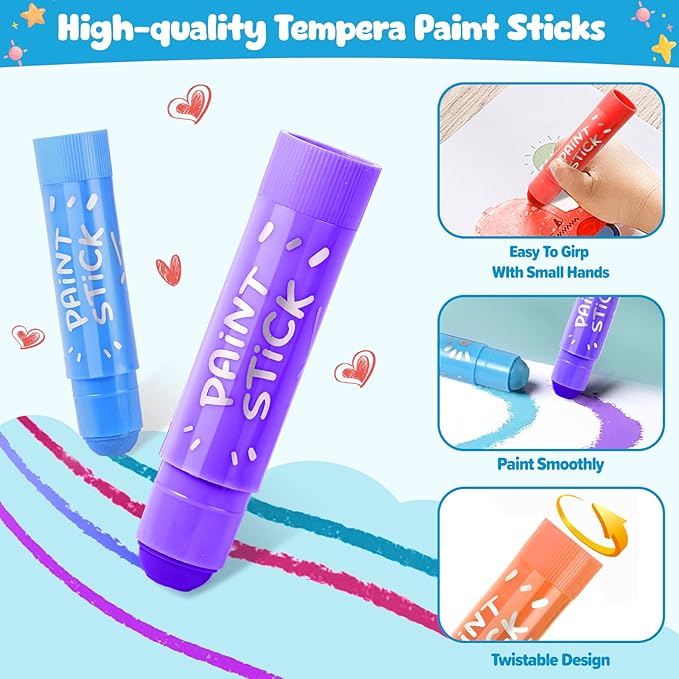 Stocking Stuffers for Kids, Tempera Paint Sticks with 24 Assorted Colors, Washable Paint Set for Toddler 1-3 2-4, Quick Drying and No Mess Paint for Arts and Crafts Supplies