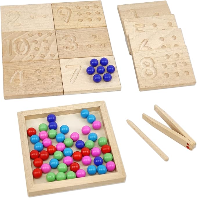 Wooden Number Tracing Board Set, Toddler Montessori Math Beads Counting Toy, Preschool Learning and Educational Math Game for Kids by BBTinker