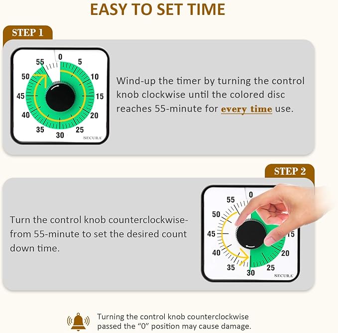 Secura 60-Minute Visual Countdown Timer, 7.5-Inch Oversize Classroom Visual Timer for Kids and Adults, Durable Mechanical Kitchen Timer Clock with Magnetic Backing (Green) - Image 2