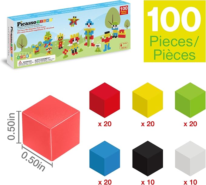 PicassoTiles 100pcs 0.5” Pixel Magnetic Puzzle Cube Mix & Match Cubes Sensory Toys STEAM Education Learning Building Block Magnets Children Construction Toy Set Stacking Magnet Creative Kit PMC100 - Image 3