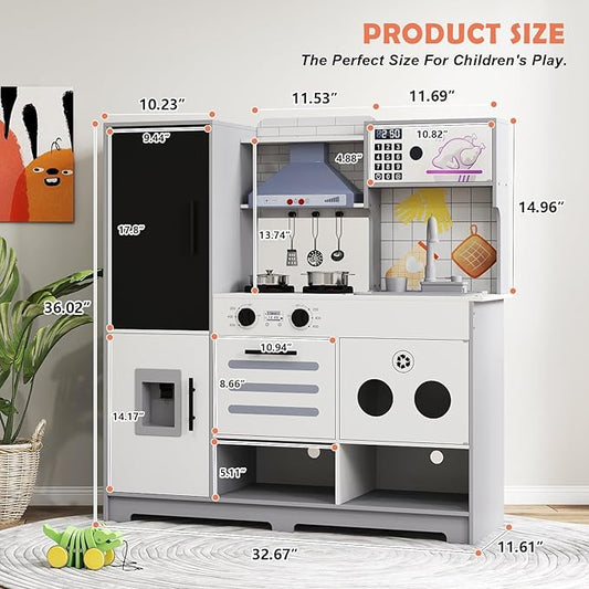JOYDIAS Kids Play Kitchen Set, Pretend Wooden Kid Kitchen Playset Toy Kitchen w/Sound and Light, Running Water, Oven, Ice Maker, Blackboard & Recycling Bin, Toddler Kitchen for Kids Ages 3+