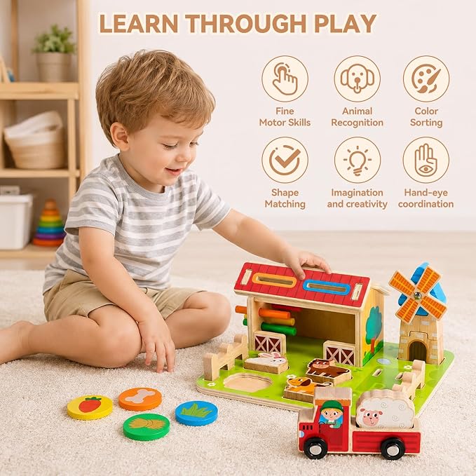 FIIOEOY Wooden Montessori Toys, Farm Animal Barn for Toddlers 1-3 Year Old - Image 6