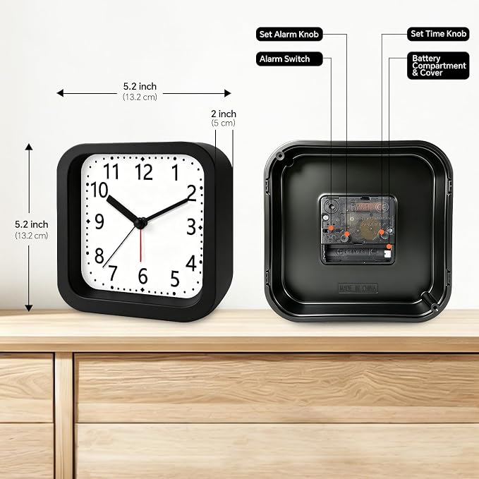 Loud Alarm Clock for Heavy Sleepers, 4.5" Simple Square Analog Alarm Clocks with Silent Movement Battery Operated Easy-to-Read Dial, Plastic Small Desk Clock for Bedroom Teens Seniors, Black - Image 3