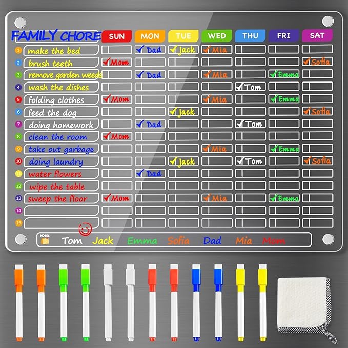 PigPotParty Acrylic Magnetic Chore Chart for Multiple Kids, Large 16x12 in by PigPotParty