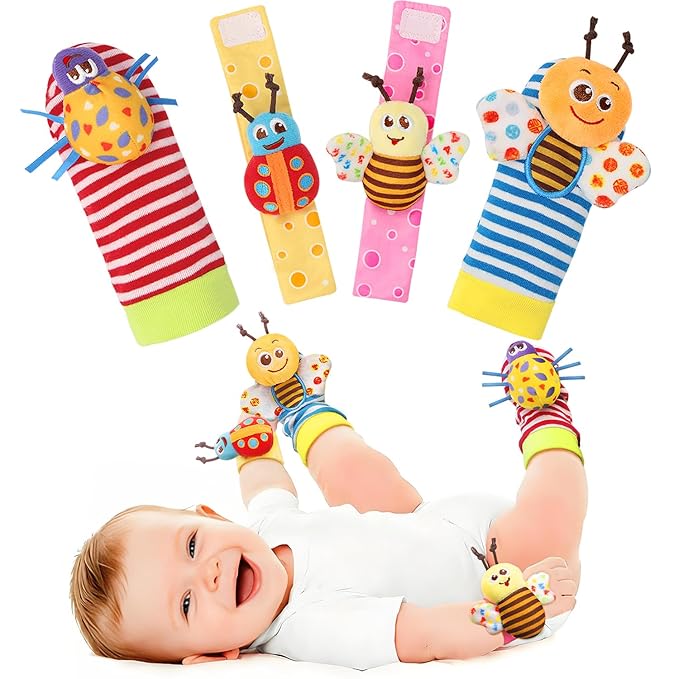 Bloobloomax Wrist Rattle Socks and Foot Finder Set, Infant Girl Boy Toys for Babies 0-36 Months, Newborn Hand & Foot Toys for 0 to 3 Years, Baby Shower Gifts Set (Wine Red Gift Box)