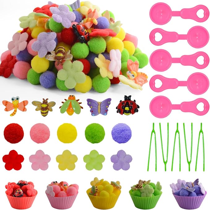 225pcs Spring Sensory Bin Filler Fine Motor Toys Flowers Insects Sensory Bin Items Bee Dragonfly Butterfly Beetle Ladybug Felt Easter Flowers Pom Poms for Color Counting Sorting by Unvola