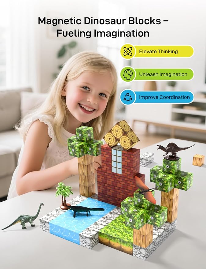 Veecafiodi Magnetic Blocks 108PCS, Dinosaur Magnetic Building Blocks with 6 Dinosaur Figures, Magnetic Blocks for Kids Ages 3-5, 4-8, STEM Construction Toy - Image 2