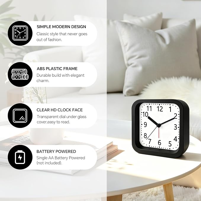 Loud Alarm Clock for Heavy Sleepers, 4.5" Simple Square Analog Alarm Clocks with Silent Movement Battery Operated Easy-to-Read Dial, Plastic Small Desk Clock for Bedroom Teens Seniors, Black - Image 6