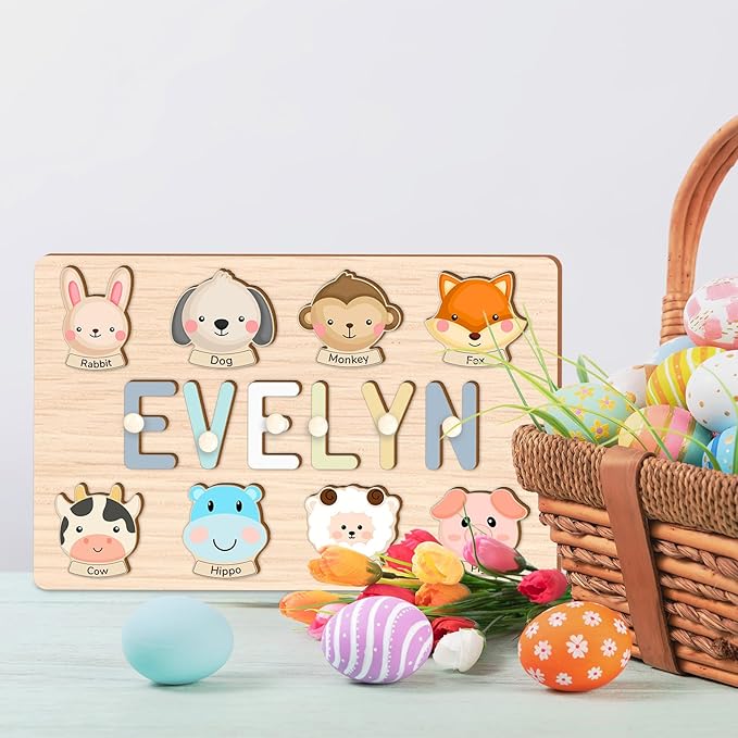 Personalized Name Puzzle for Kids, Custom Wooden Puzzle Engraved Text On Back with Pegs, Personalized Baby 1st Birthday Gifts for Girl & Boy, Toddlers Toys (Animal Name Puzzle)