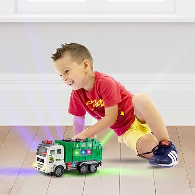 Zetz Brands Toy Garbage Truck with 4D Lights & Sounds for Boys, Toddlers, Kids 3+ - Trash Trucks Vehicle, Push Toy Car, Bump & Go w/Recycle and Sanitation Sticker – Ideal Birthday