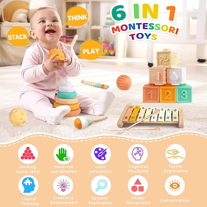 Baby Toys Montessori Toys 6 in 1 Musical Instruments for Toddler, Stacking Blocks Development Learning Educational Toy with Wooden Xylophone Infant Baby Birthday Gift
