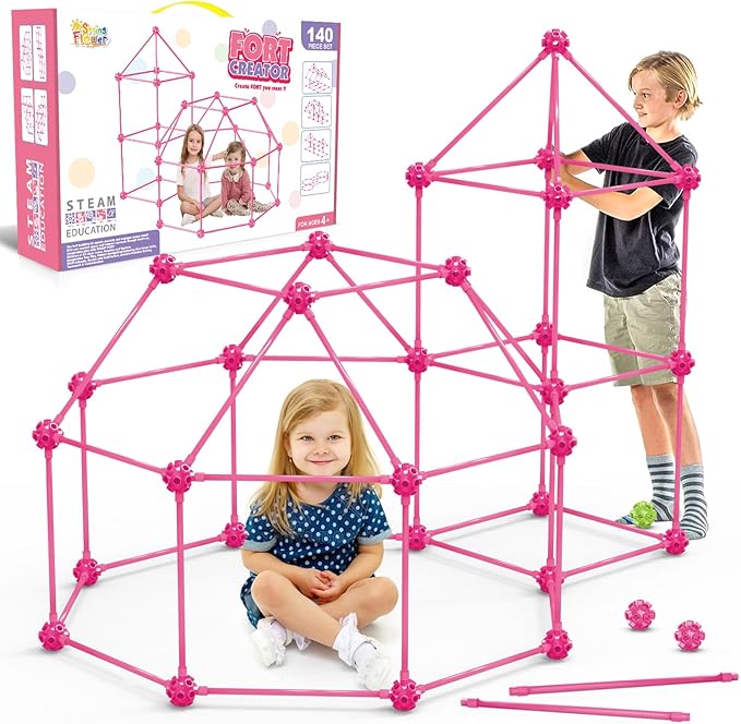 SpringFlower Fort Building Kit for Kids,STEM Construction Toys, Educational Gift for 4 5 6 7 8 9 10 11 12 Years Old Boys and Girls,Ultimate Creative Set for Indoor & Outdoors Activity,140 Pcs,Pink by SpringFlower
