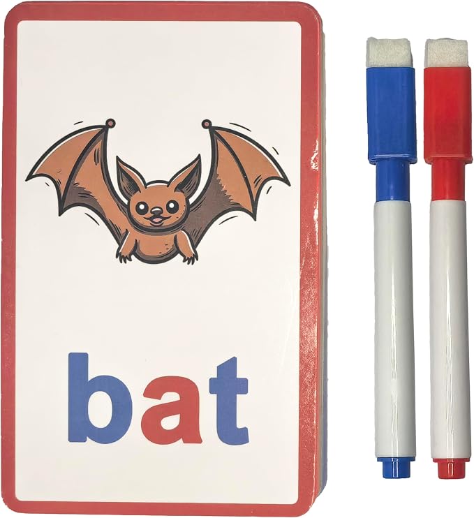 CVC Word Flash Cards, 48 Double-Sided Spelling Cards, 2 Pens by Mathtoymultiplicationtable