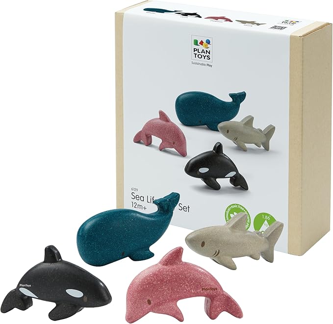 PlanToys Wooden 4 Animal Sea Life Ocean Animal Playset (6129) | Sustainably Made from Rubberwood and Non-Toxic Paints and Dyes | Eco-Friendly PlanWood