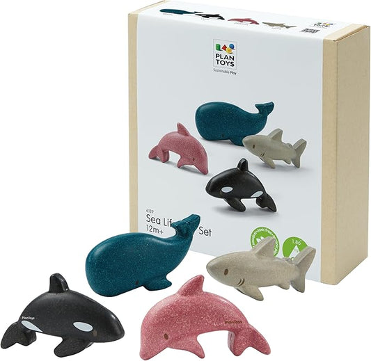 PlanToys Wooden 4 Animal Sea Life Ocean Animal Playset (6129) | Sustainably Made from Rubberwood and Non-Toxic Paints and Dyes | Eco-Friendly PlanWood