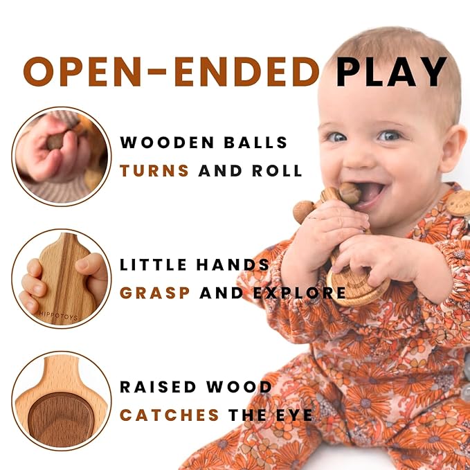 Wooden Montessori Sensory Baby Toy for 0-12 Month - Natural Wood Baby Teether & Rattle - Handcrafted Organic Teething Toy - CPSIA Certified Safe BPA Free No Paint No Plastic - Baby Boy Girl Gift