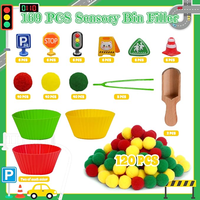 169pcs Traffic Signs Sensory Bin Filler Fine Motor Toys Traffic-themed Sensory Bin Items Traffic Light Stop Sign Traffic Cones Parking Sign Crosswalk Pom Poms for Preschool Color Counting Sorting - Image 3