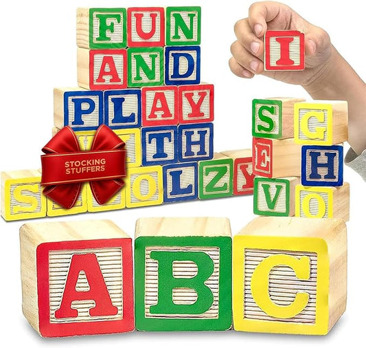 Skoolzy 30 PCS Baby Blocks - Small Wooden ABC Blocks for Toddlers 2-5 - Alphabet Learning & Building Toys