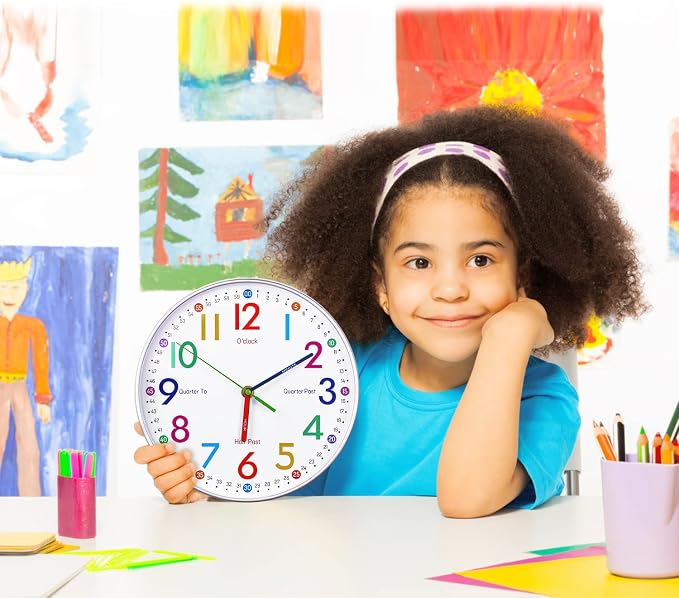 AIRUIFU Wall Clock for Kids Learning to Tell Time, 12 Inch Silent Analog Clock for Kids Room Decor/Bedroom/Classroom/Playroom, Colorful Teaching Clock Helps Kids Easier to Tell Time - Image 4