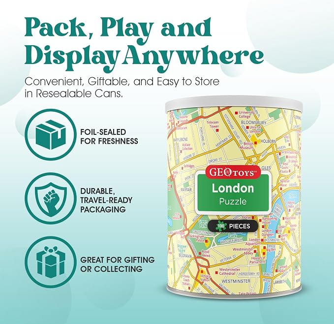 Geotoys London Mini Puzzle - 100 Piece Puzzles for Kids and Adults in Portable Can, 13" x 10" Educational Travel Puzzle for Ages 7 and Up - Mini Puzzles to Learn & Explore Geography - Image 3